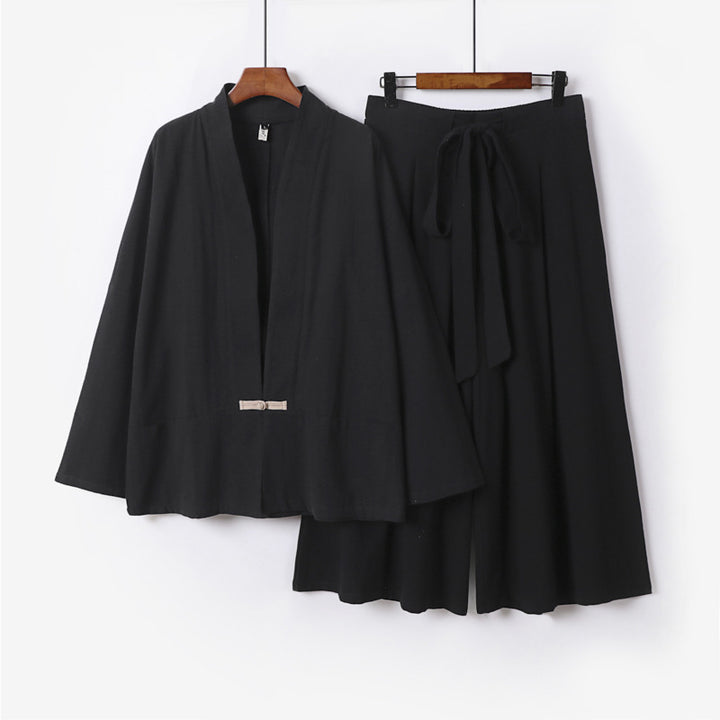 Damen Zen-inspiriertes Kimono-Set aus fließender Viskose mit kurzer Jacke und weiter Culotte-Hose Drune