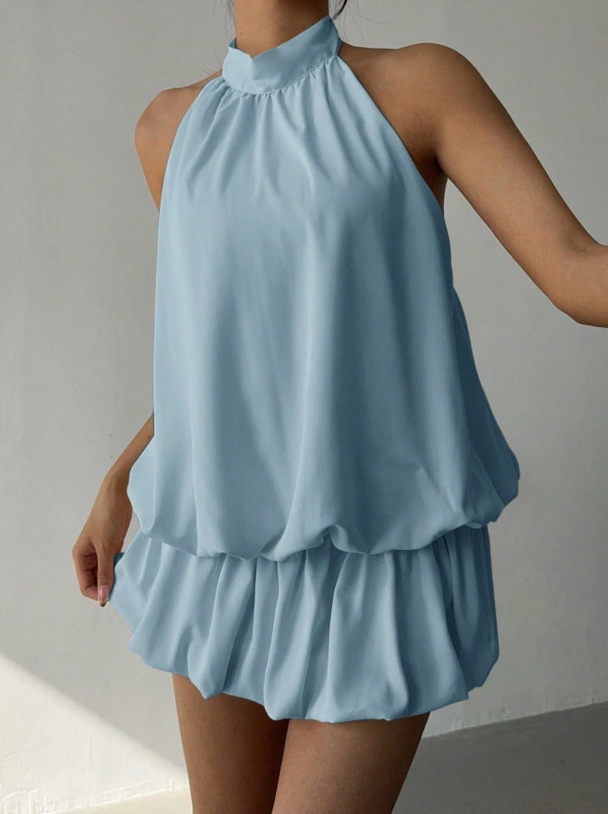 Damen sommerliches Minikleid mit haltem Kragen und asymmetrischem Design Drune