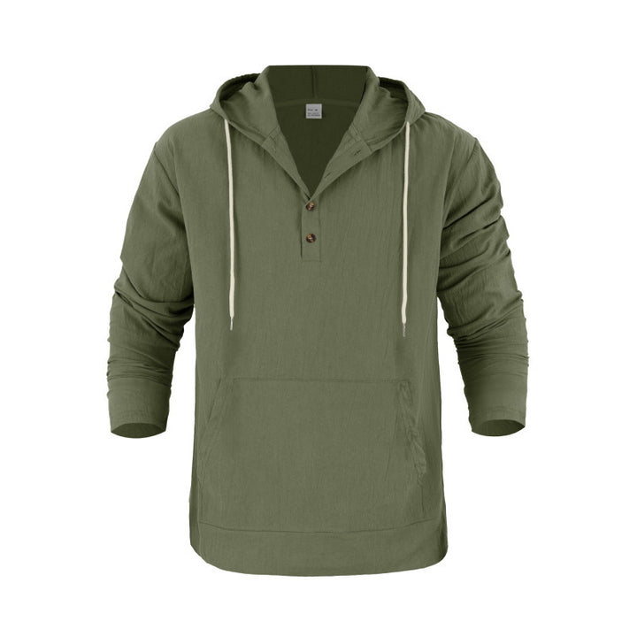 Herren nan Leinenoptik Henley-Kapuzenpullover mit Knopfleiste und Kängurutasche Drune