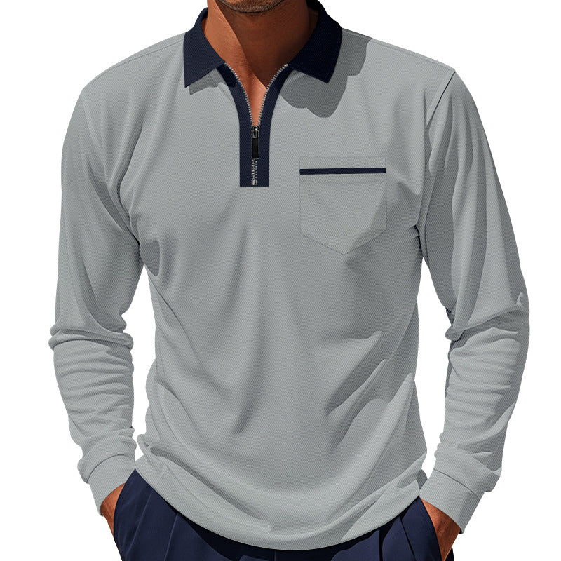 Herren nan langärmeliges Zip-Poloshirt mit Brusttasche und Kontrastkragen Drune