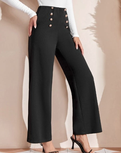 Damen nan hohe Taillenhose mit weitem Bein, maritim inspirierten Zierknöpfen Drune