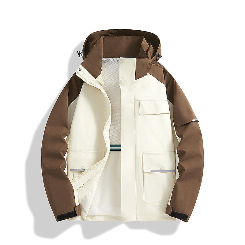 Herren dreilagige Trekkingjacke mit verschweißten Nähten, Kapuze und Multifunktionstaschen Drune