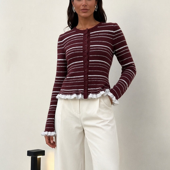Damen Feinstrick-Buttoncardigan mit Streifen, Rüschenbesatz & taillierter Passform Drune