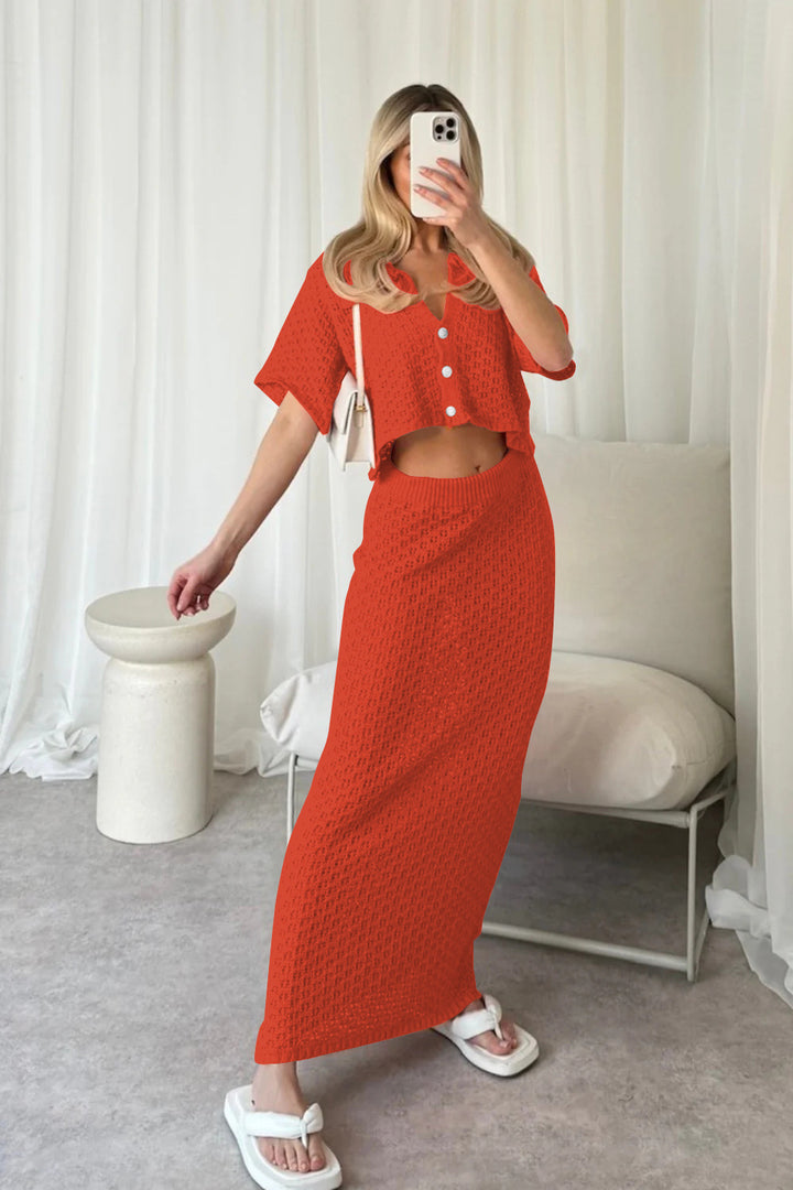 Damen Strick-Set mit offenem Cardigan und maxi Rock Drune