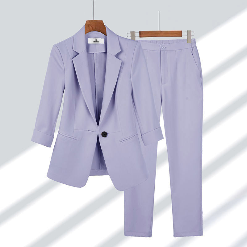 Damen nan schlanker Zweiteiler Business-Blazer mit krempelbaren 3/4-Ärmeln und hochgeschnittener Tapered-Hose Drune