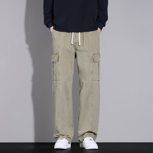 Herren Weite Cargo-Hose aus gewaschener Baumwolle mit Tunnelzug und Multifachtaschen Drune