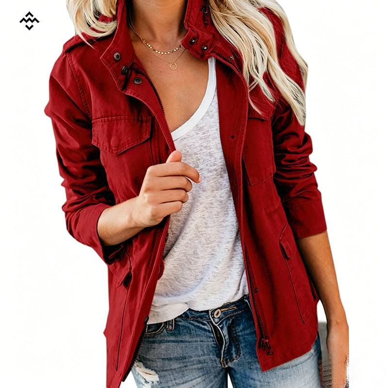 Damen leichte Feldjacke im Utility-Stil mit Stehkragen und Mehrfachtaschen Drune