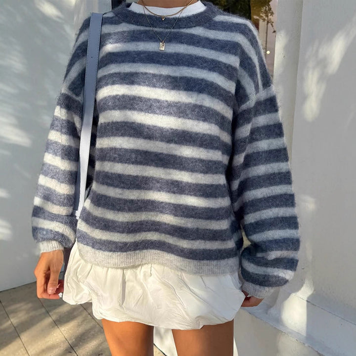 Damen Gestreifter Mohair-Mix Oversize-Pullover mit Ballonärmeln Drune