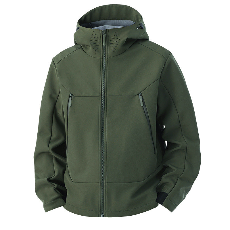 Herren Softshell-Funktionsjacke mit hohem Thermokragen, Kapuze und wasserabweisenden Reißverschlüssen Drune