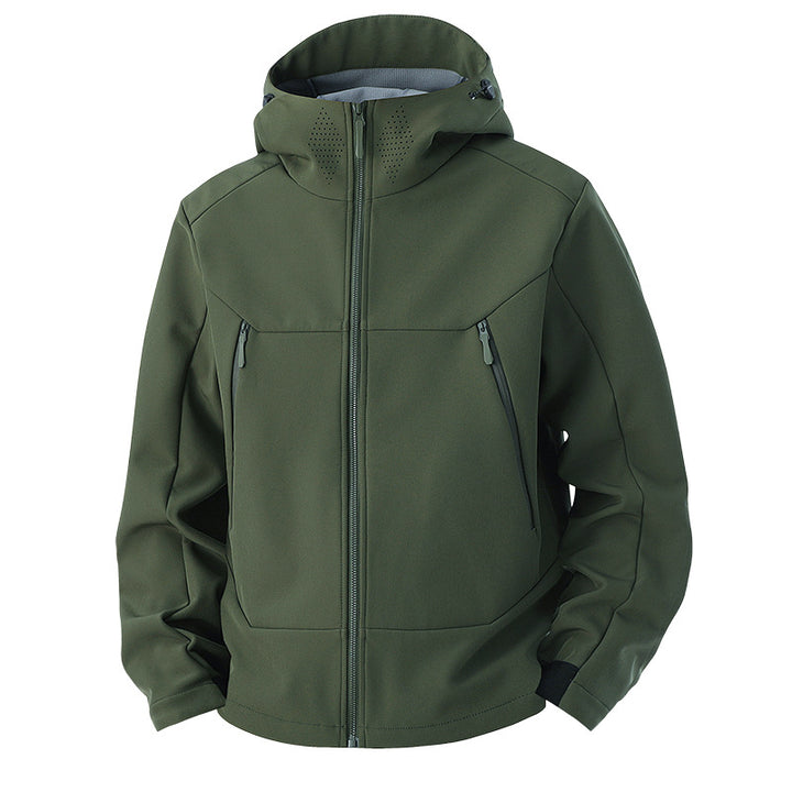 Herren Softshell-Funktionsjacke mit hohem Thermokragen, Kapuze und wasserabweisenden Reißverschlüssen Drune