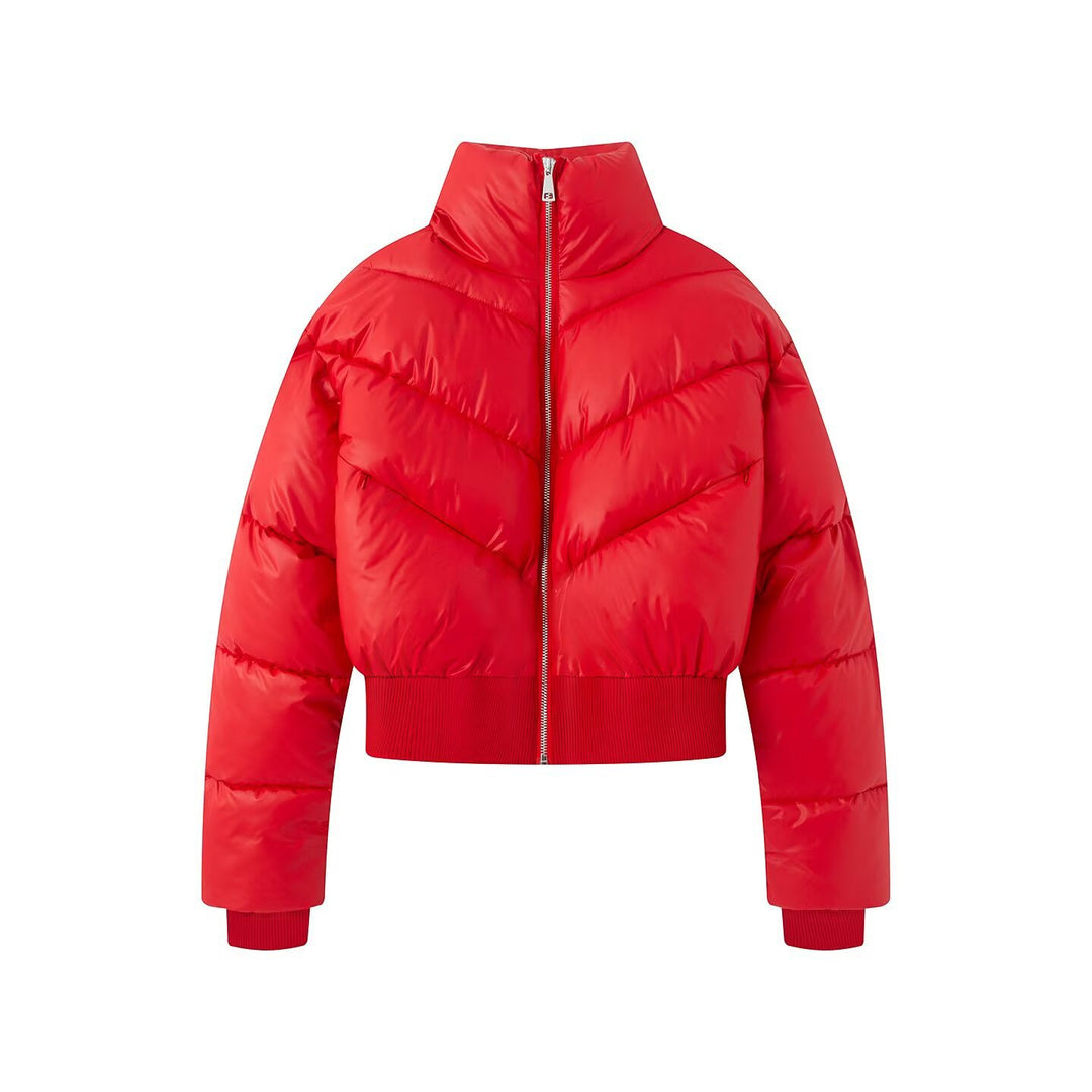 Damen Cropped Pufferjacke mit hohem Stehkragen und breitem Rippenbund Drune