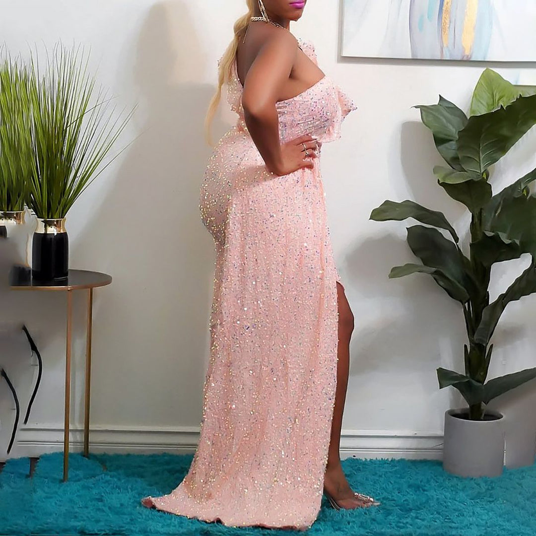 Damen Funkelndes Abendkleid mit asymmetrischem Design und fließendem Rock Drune