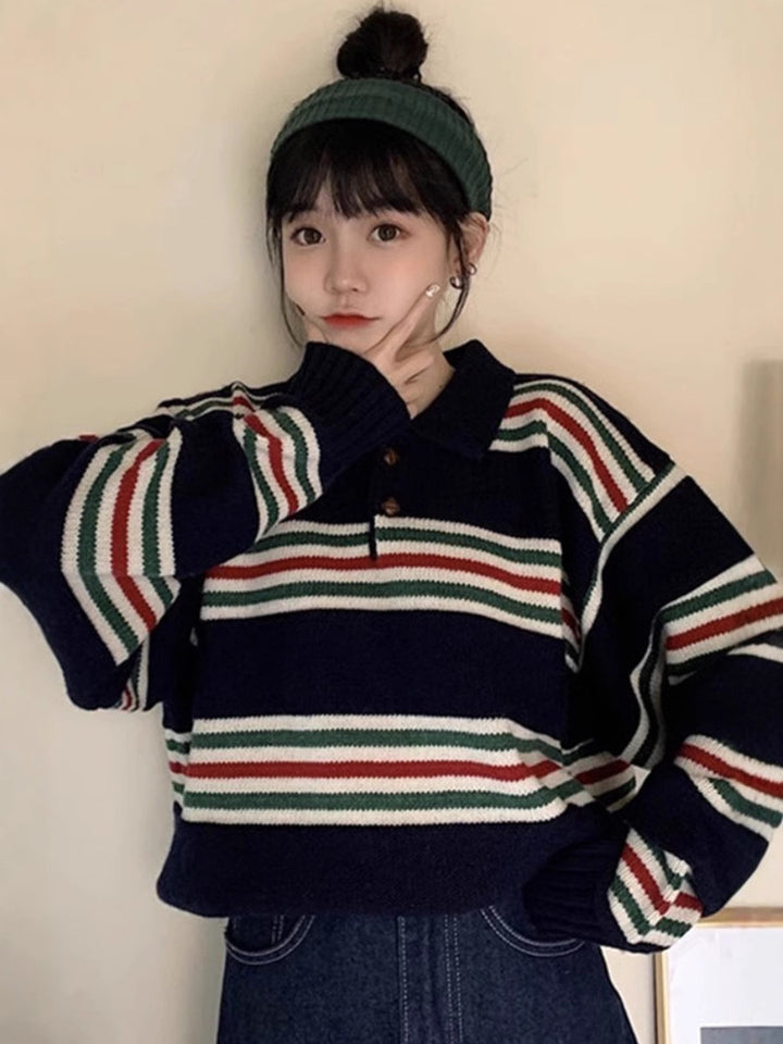 Damen Oversize Polokragen-Strickpullover mit maritimen Blockstreifen und kastiger Cropped-Silhouette Drune