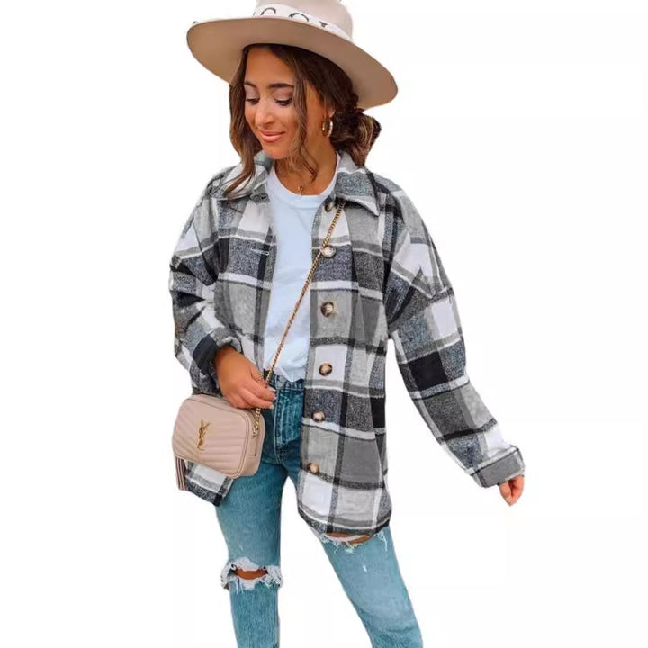 Damen lässige karierte Flanelljacke mit Knopfdetails Drune