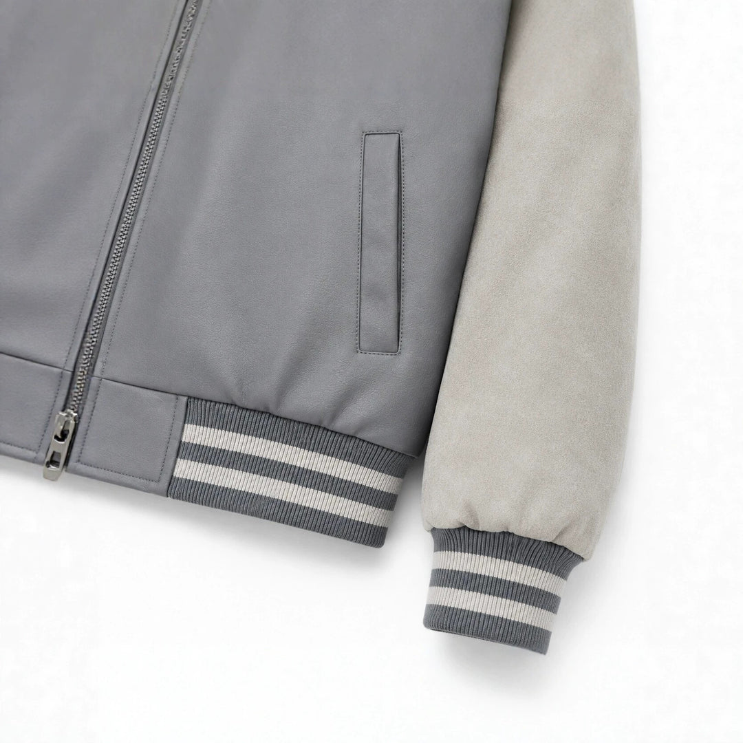 Herren Collegejacke im Letterman‑Style mit Kunstlederkörper und Veloursärmeln Drune