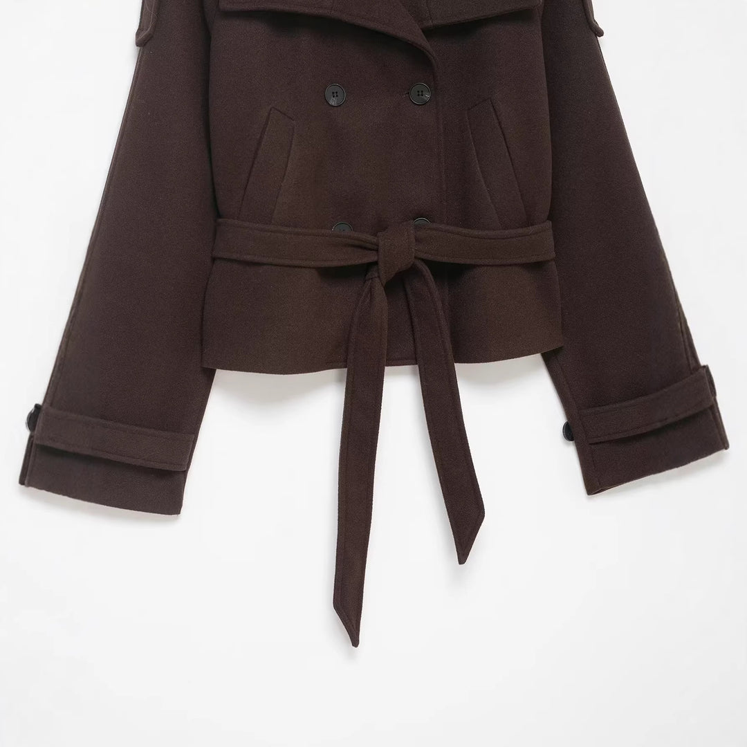 Damen Cropped Wollmix‑Kurzmantel mit hohem Stehkragen, Epauletten und Taillengürtel Drune