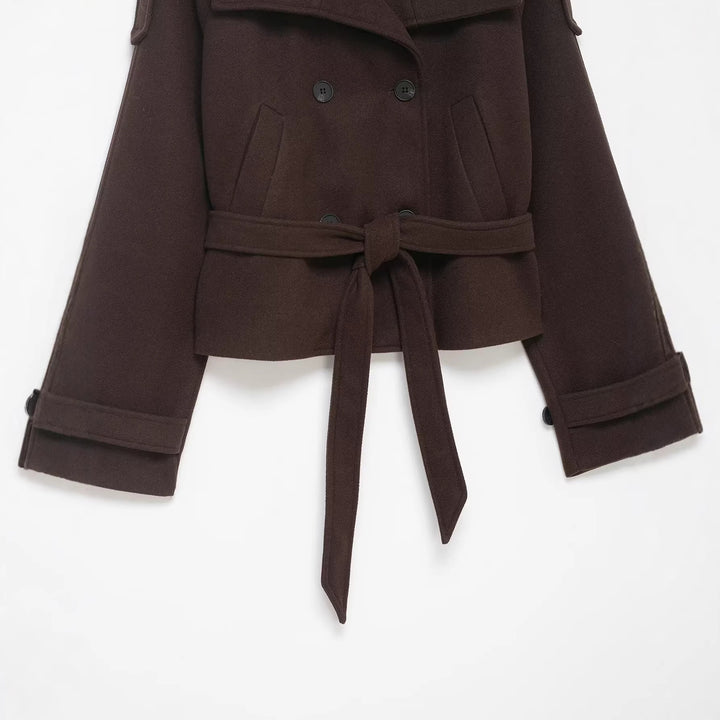 Damen Cropped Wollmix‑Kurzmantel mit hohem Stehkragen, Epauletten und Taillengürtel Drune