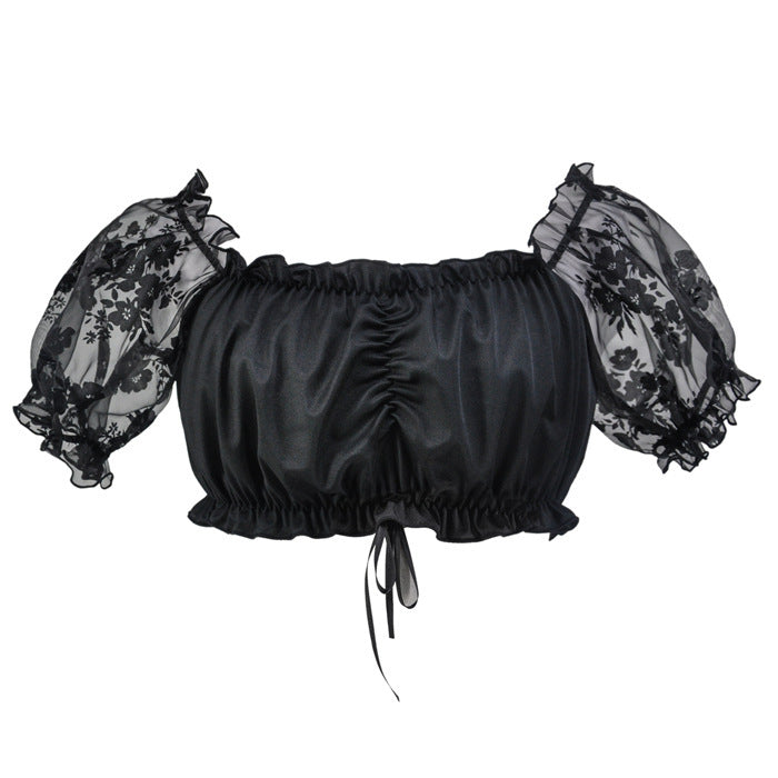 Damen nan gerafftes Carmen-Bauchfreies Top mit Puffärmeln und elastischem Saum Drune
