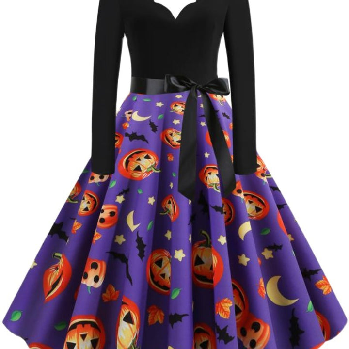 Damen Vintage Swingkleid mit Halloween-Kürbisprint und tailliertem Satinschärpenbund Drune