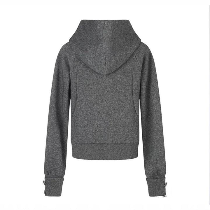 Damen taillierte Kapuzen‑Sweatjacke mit Frontreißverschluss, Nietenbesatz und Taschenapplikation Drune