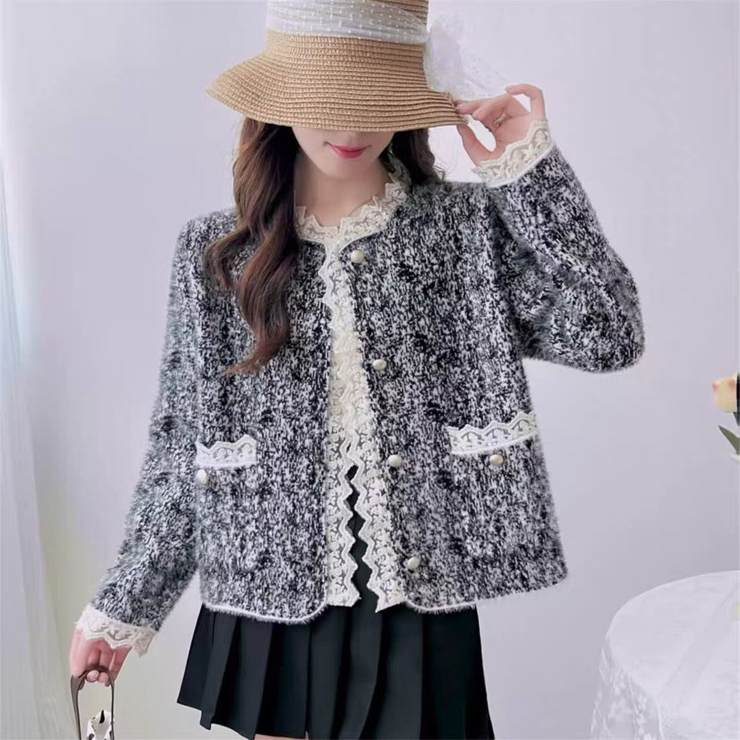 Damen elegante Strickjacke mit Perlen und Spitzen Drune