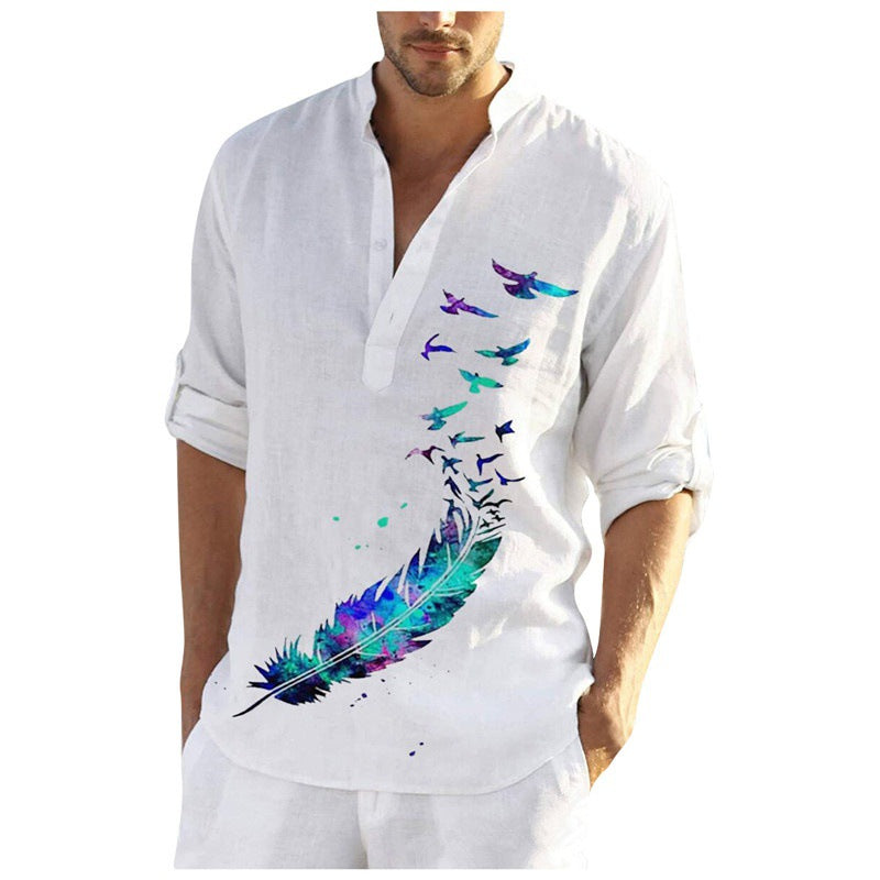 Herren Leinenhemd mit einzigartigem Federdesign und modischem Henley-Ausschnitt Drune