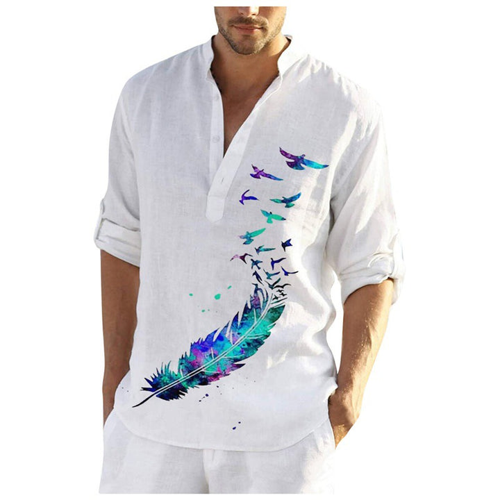 Herren Leinenhemd mit einzigartigem Federdesign und modischem Henley-Ausschnitt Drune