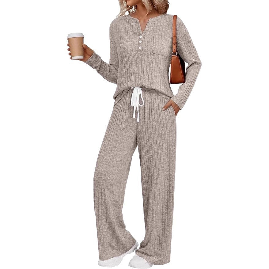 Damen Rippstrick-Lounge-Set mit Knopfleiste und weitem Kordelbund-Hose Drune