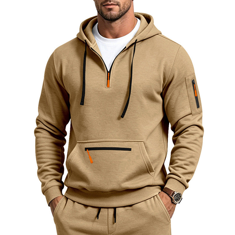 Herren Kapuzensweatshirt mit halbem Reißverschluss und Utility-Ärmeltasche Drune
