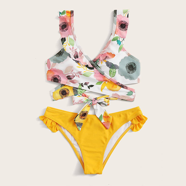 Damen Zweiteiliges Blumen-Bikini-Set mit tailliertem Oberteil und Rüschenslip Drune