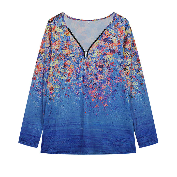 Damen Langarmshirt mit farbenfrohem Blütenmuster und modernem Zipper Drune