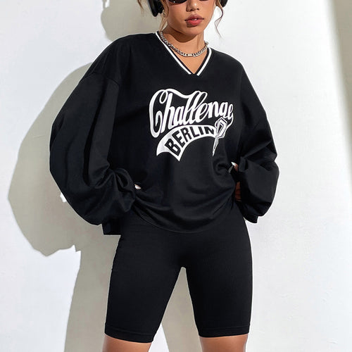 Damen lässiges Oversized Sweatshirt mit V-Ausschnitt und grafischem Print Drune