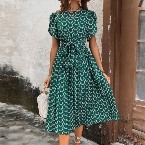 Damen Midi-Kleid mit eleganten Rüschendetails und bindbarem Taillengürtel Drune