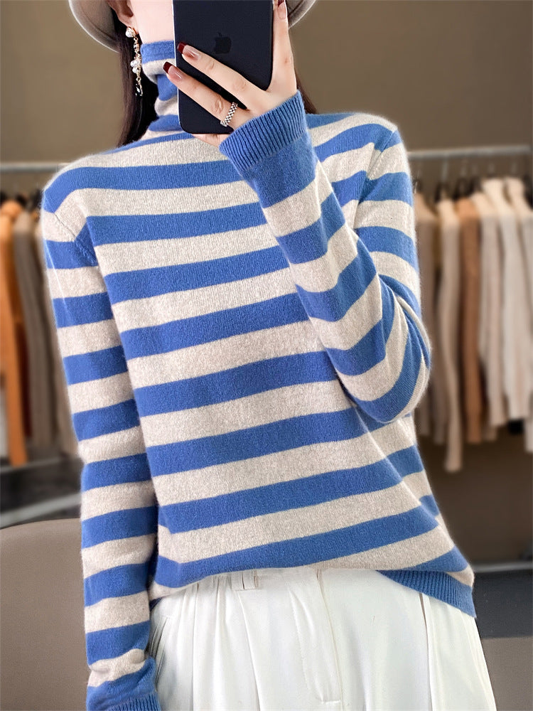 Damen Lässiger gestreifter Rollkragenpullover aus Wollmix mit legerer Passform Drune