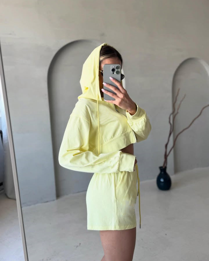 Damen Freizeit-Crop-Set mit Hoodie und Shorts Drune