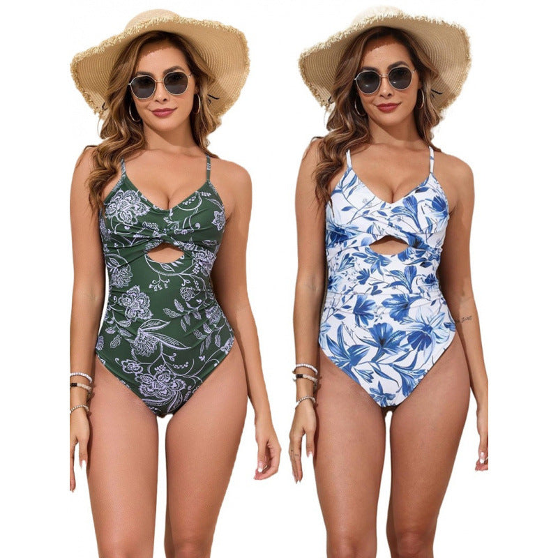 Damen Einteiler Badeanzug mit modischem floralen Design und hoch geschnittenem Ausschnitt Drune