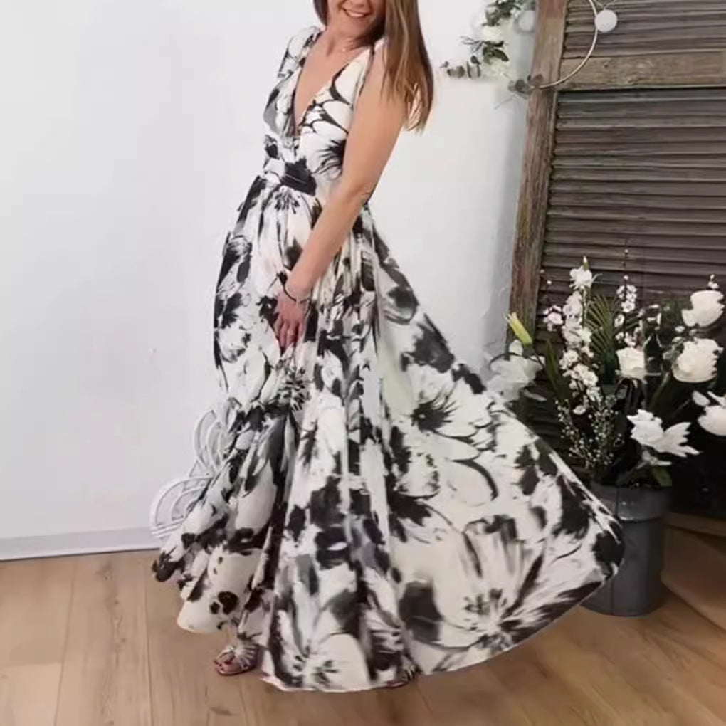 Damen nan voluminöses A-Linien Maxikleid mit tiefem V-Ausschnitt, taillierter Bindeschärpe und großfloralem Pinselprint Drune