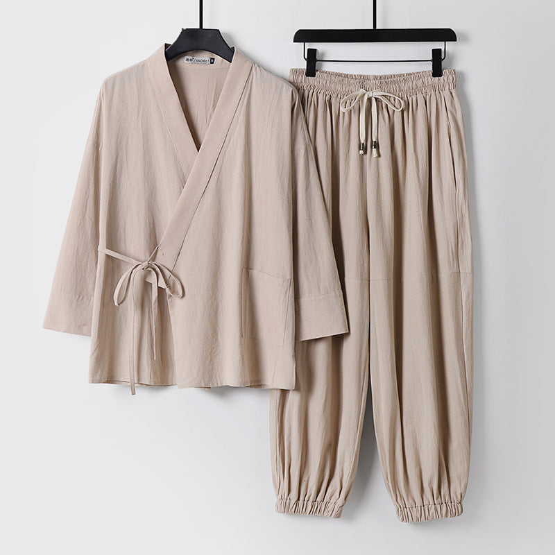 Unisex Entspanntes Kimono-Set mit Wickeljacke, dreiviertelärmeln und elastischer Kordelharemshose Drune