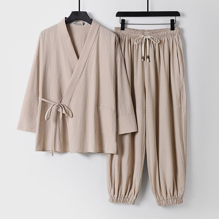 Unisex Entspanntes Kimono-Set mit Wickeljacke, dreiviertelärmeln und elastischer Kordelharemshose Drune
