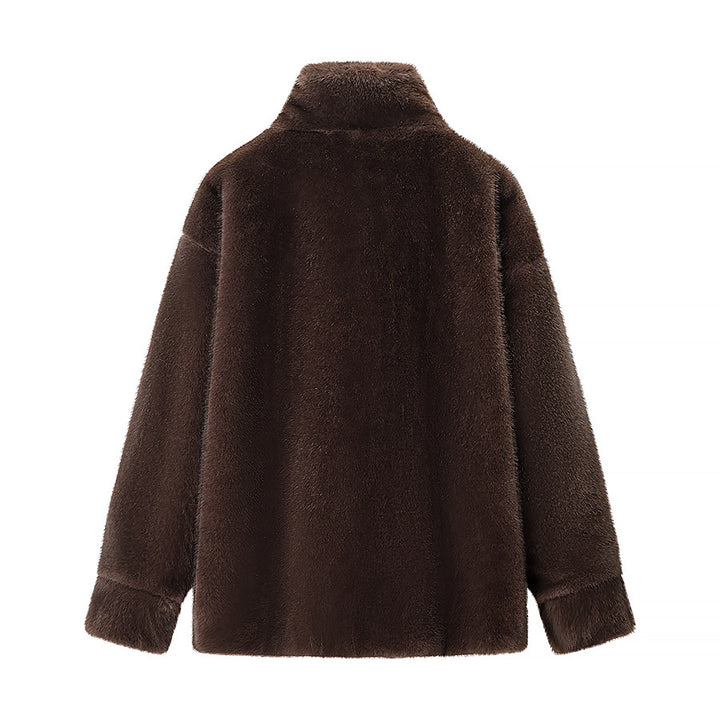 Damen Oversize Teddy-Fleece-Pullover mit halbem Reißverschluss und großer Klappentasche Drune