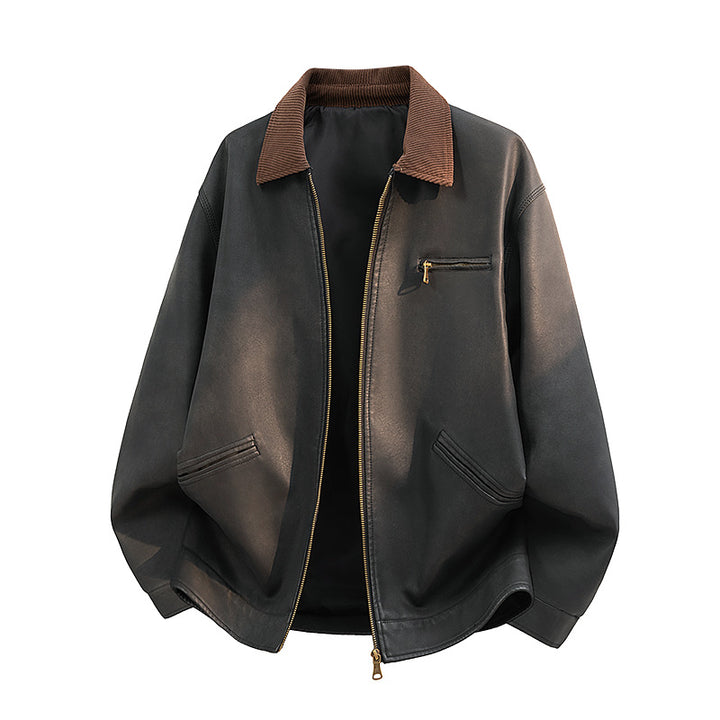 Herren Lässige Kunstlederjacke mit breitem Kragen Drune