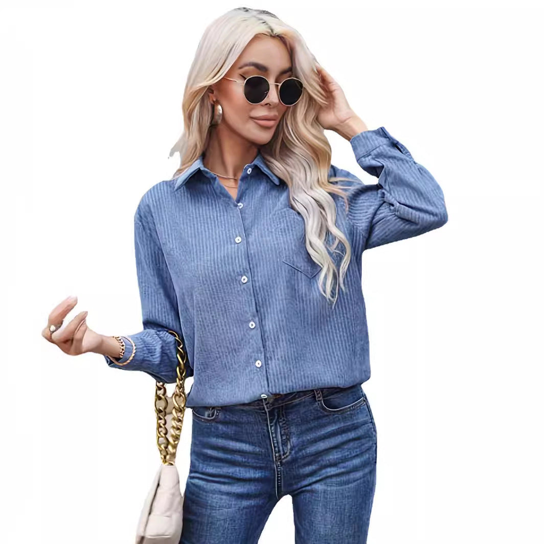 Damen Langarm-Hemdbluse aus Cordstruktur mit Brusttasche Drune