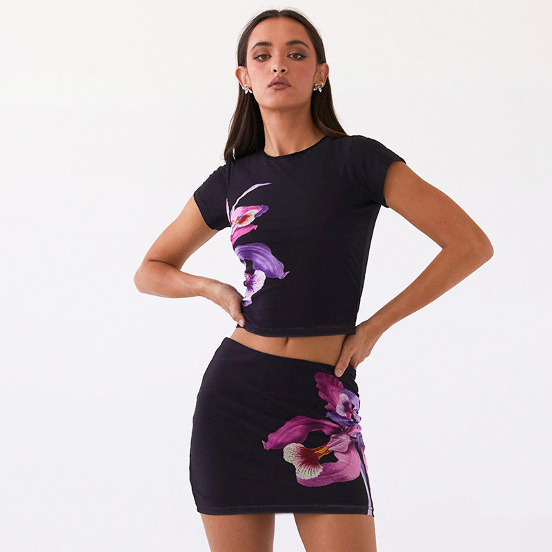 Damen Blumenmuster Crop Top und Minirock Set Drune