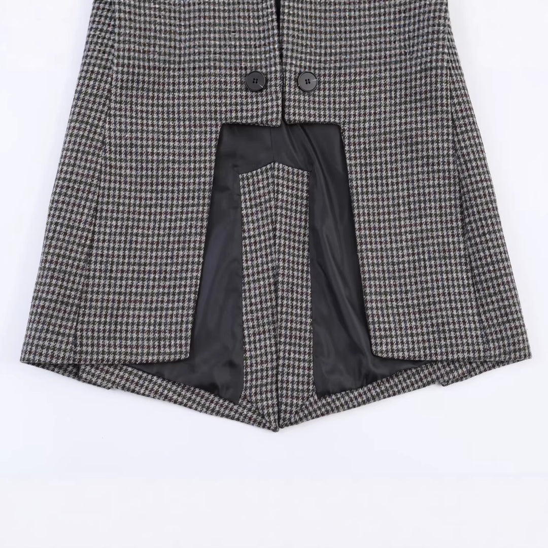 Damen Zweireihiger Hahnentritt-Blazer mit offenem Schlitz-Saum und taillierter Silhouette Drune
