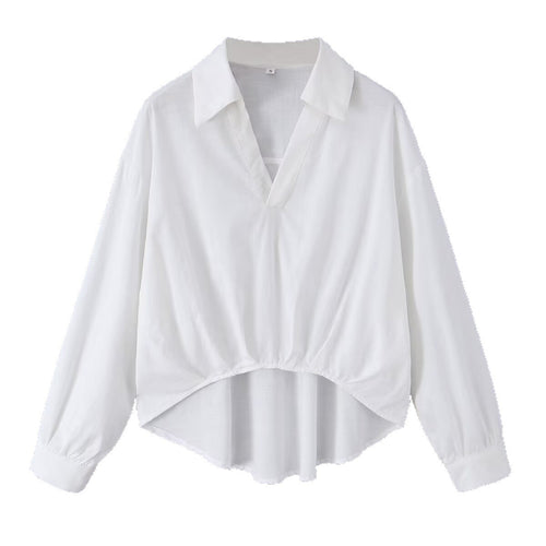 Damen Weite Bluse mit V‑Ausschnitt, Hemdkragen und gerafftem Hoch-Tief-Saum Drune