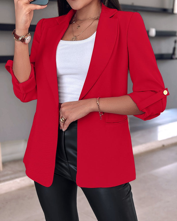 Damen Eleganter Blazer mit hochgeschlagenen Ärmeln und dekorativen Knopfdetails Drune