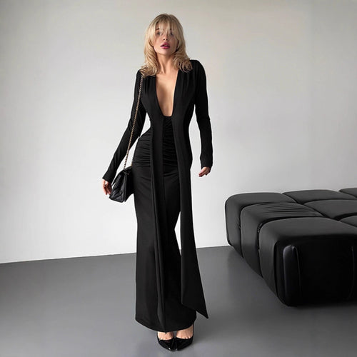 Damen Elegantes Maxikleid mit tiefem V-Ausschnitt und seitlichem Schlitz Drune