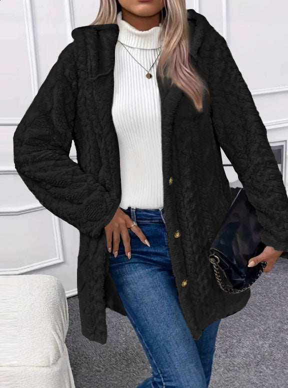Damen Oversize Strickmantel mit Kapuze, Jacquard‑Struktur und Knopfleiste Drune