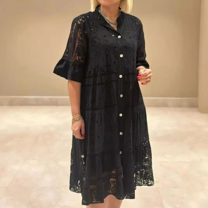 Damen nan Hemdblusen-Midikleid mit Spitzen-Einsätzen, Stufenrock und durchgehender Knopfleiste Drune