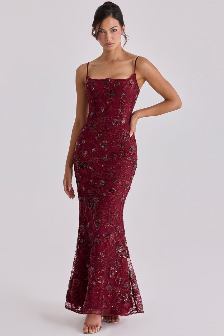Damen nan elegantes besticktes Abendkleid mit Korsettoberteil und transparentem Spitzenüberzug Drune